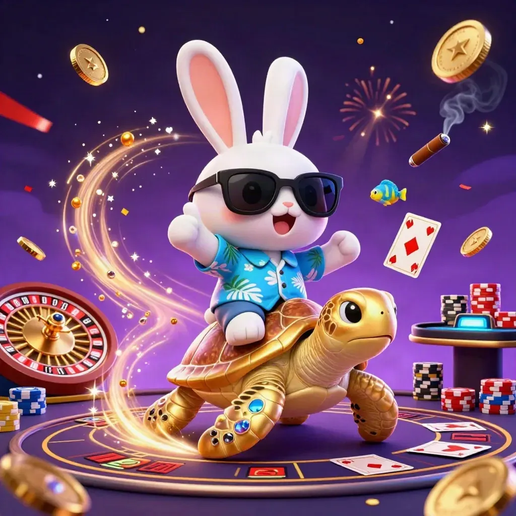 Lucky rabbit rides a golden sea turtle amid casino lights, coins, cards, chips, and fireworks.