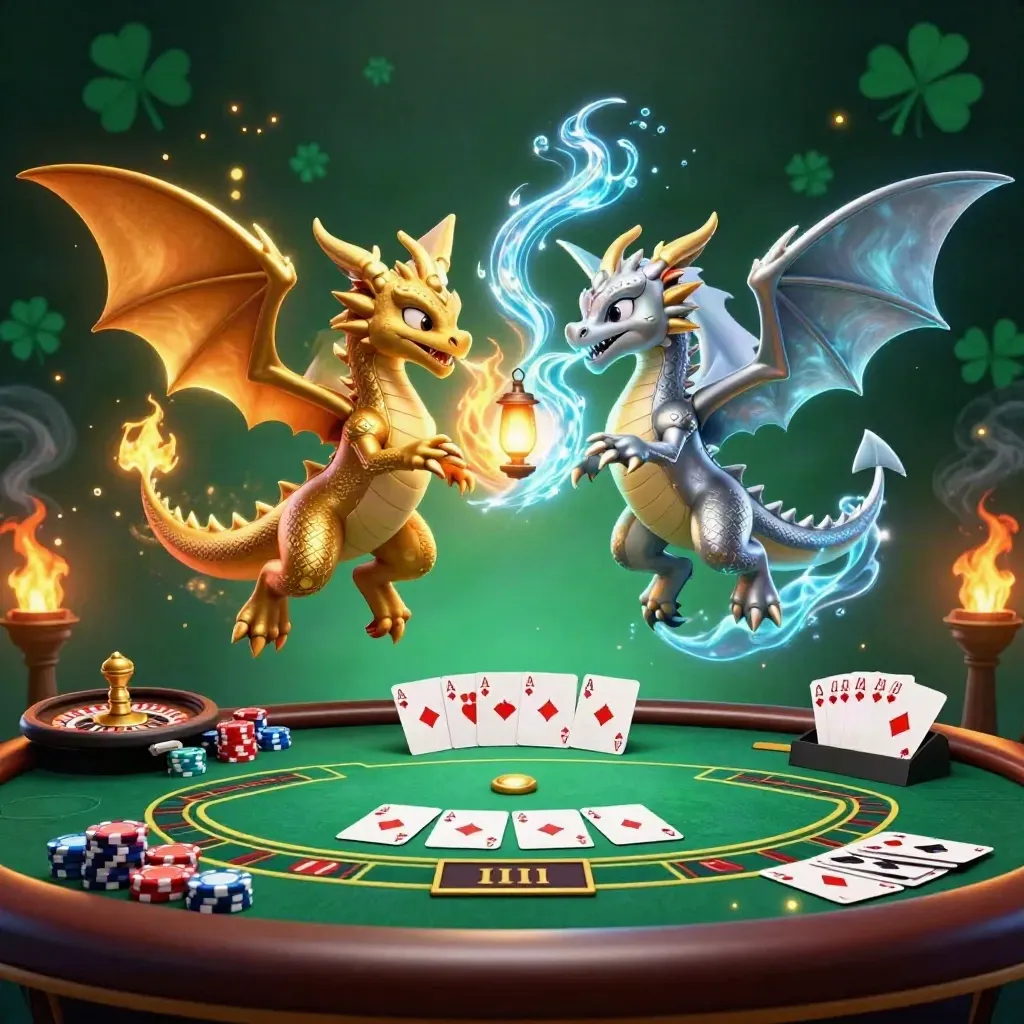 Gold and silver dragons form a yin-yang above a glowing casino table