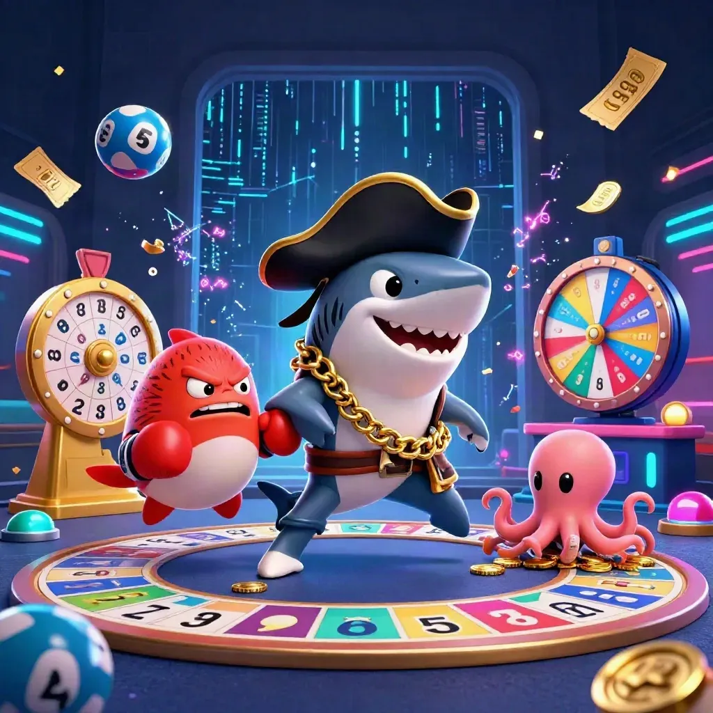 Shark pirate, pufferfish boxer, and baby octopus amid neon casino props and spinning gold.