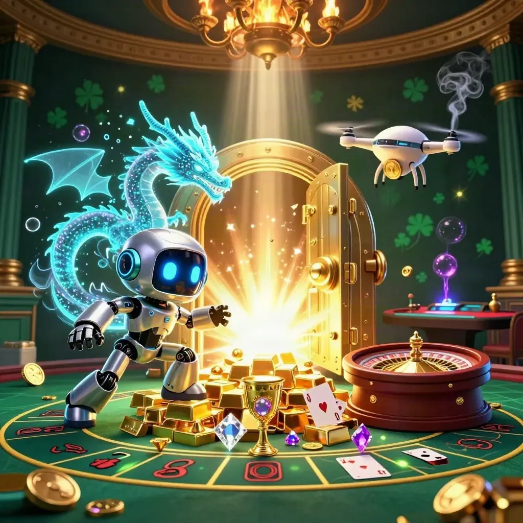 Cyberpunk robot, holographic dragon and drone amid casino gold, vault light and emerald glow.
