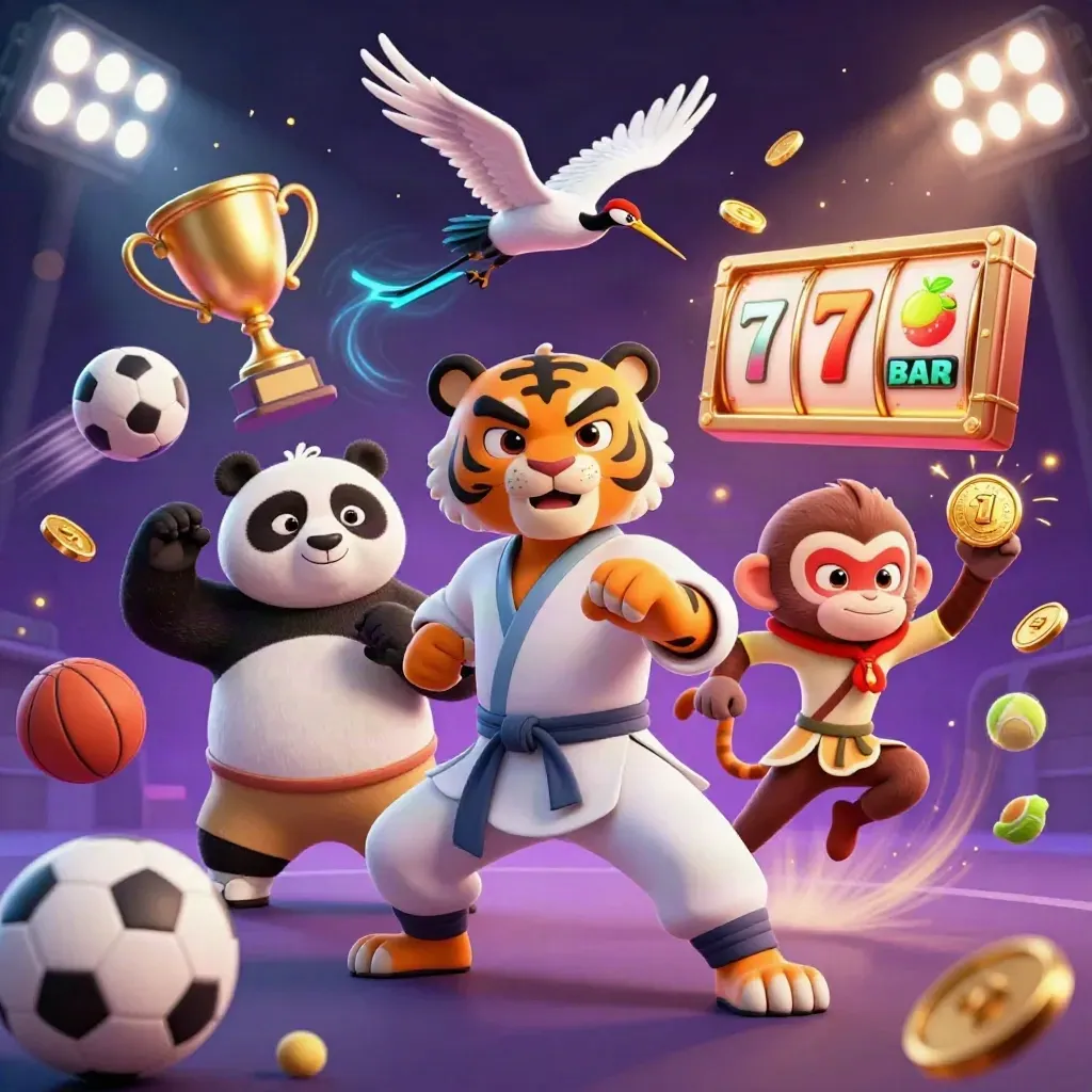 Tiger, panda, and monkey esports heroes amid sports balls, trophies, coins, and neon casino effects.