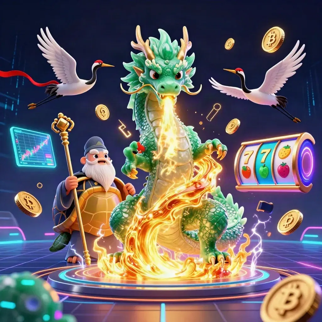 Emerald dragon, turtle sage, and cranes amid neon coins, fire, and casino energy.