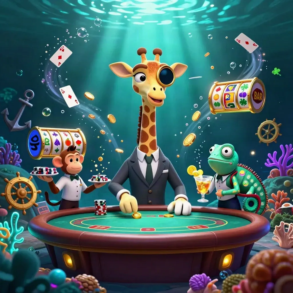 Giraffe, monkey valet, and chameleon bartender amid coin spray in a neon underwater casino cove.
