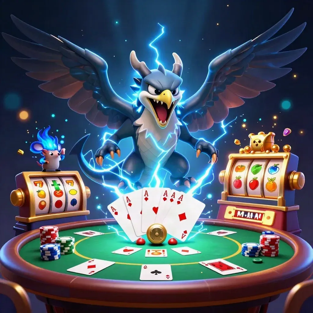 Thunder dragon, wind hawk, and static mouse burst over casino chips and glowing reels.