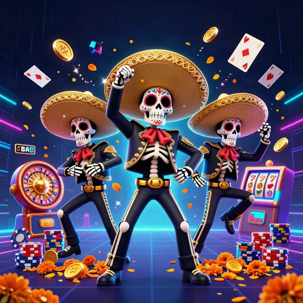 Day-of-the-Dead skeleton mariachi trio amid casino loot, neon energy, and spinning reels