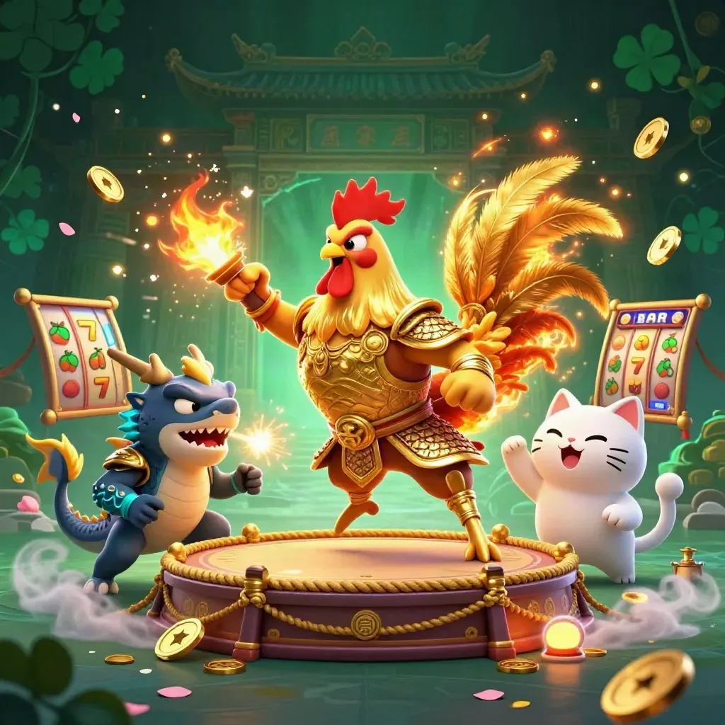 Samurai rooster, spark-breathing dragon hatchling, and fortune cat amid casino bursts and temple glow