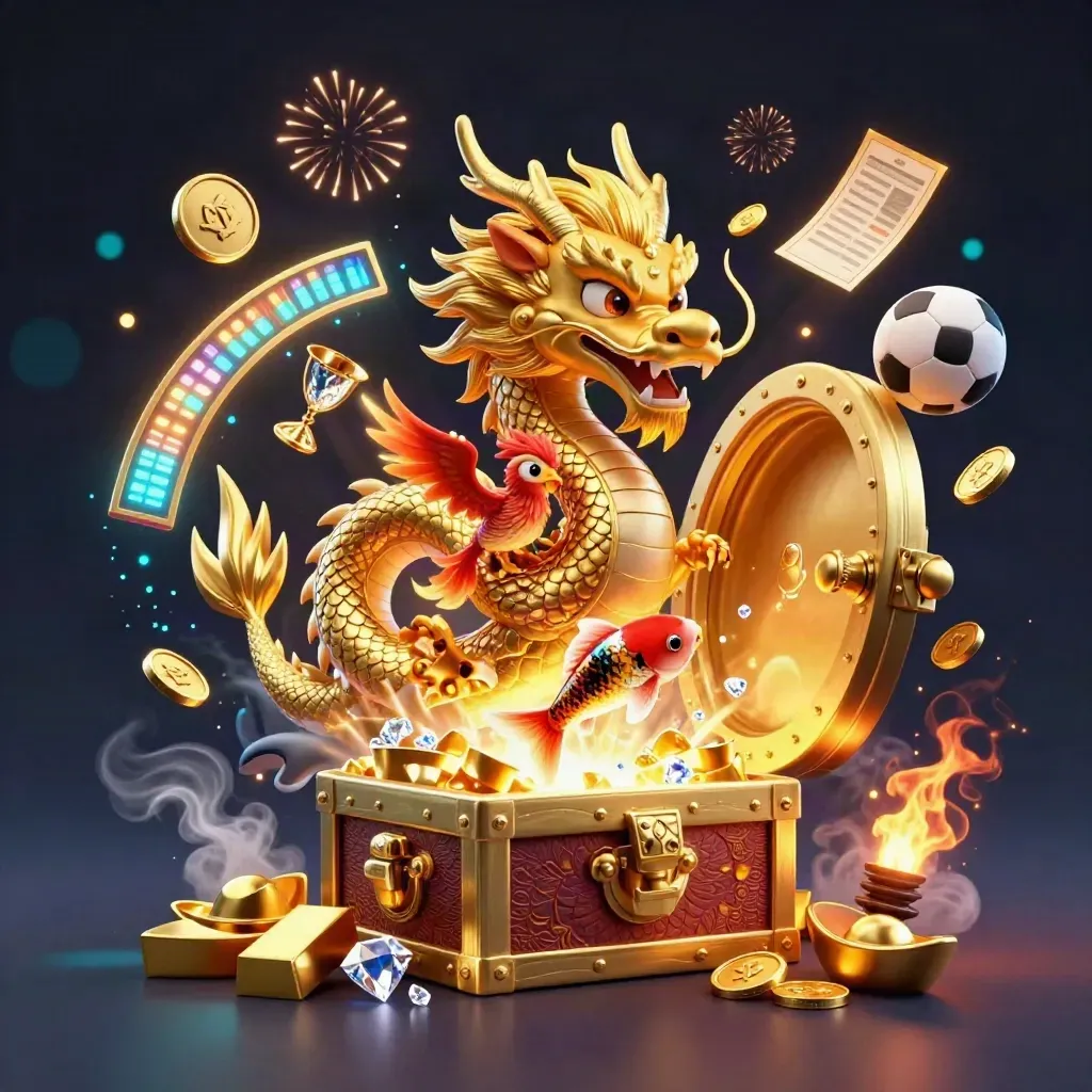 Golden dragon, phoenix, koi and casino treasures bursting from an open vault