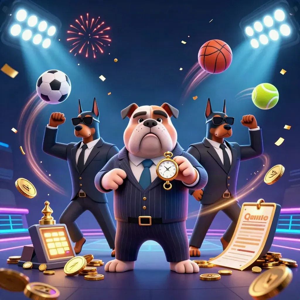 Bulldog boss and two Dobermans celebrate amid coins, trophies, fireworks, and neon casino energy.