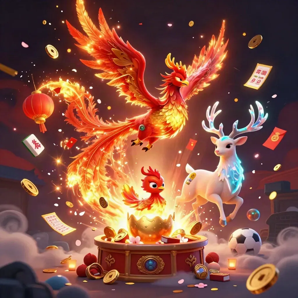 Phoenix, stag, and baby phoenix burst through coins, lanterns, and fireworks in a neon casino scene.