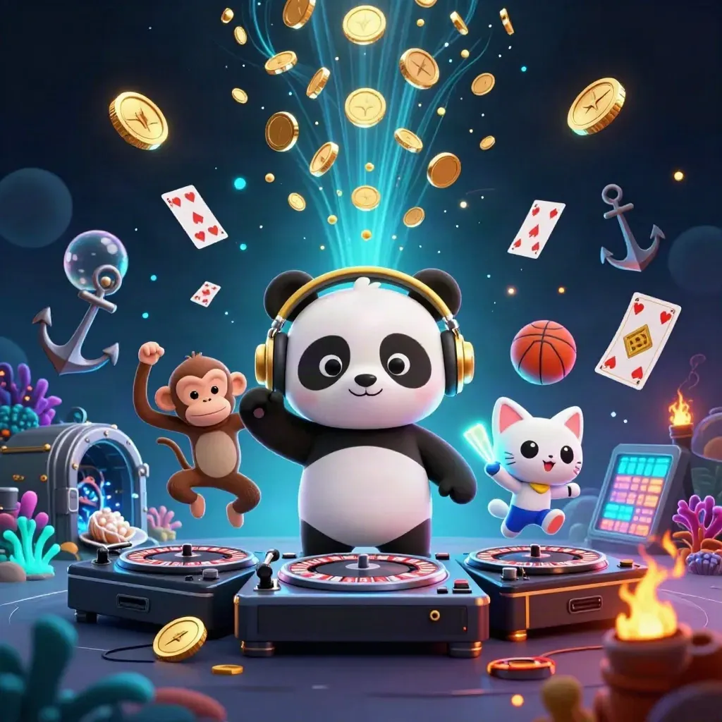 DJ panda, breakdancing monkey, and glow-stick kitten amid exploding gold coins in an underwater treasure cove.