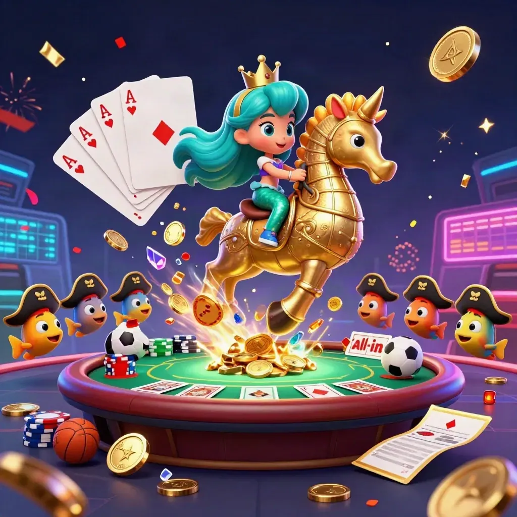 Mermaid princess on seahorse amid casino coins, poker gear, fireworks, and neon arena energy.