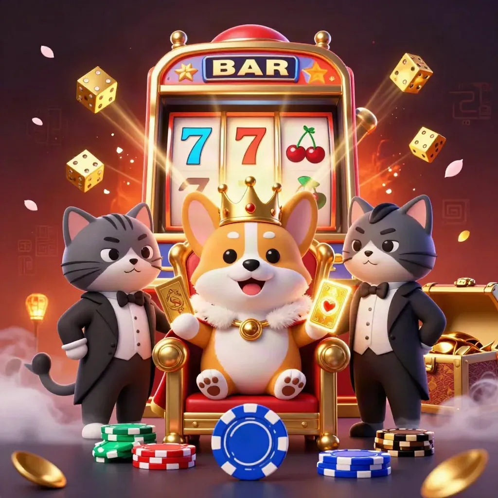 Royal corgi and cat butler amid slot reels, jackpots, gold, embers, and magical casino effects.