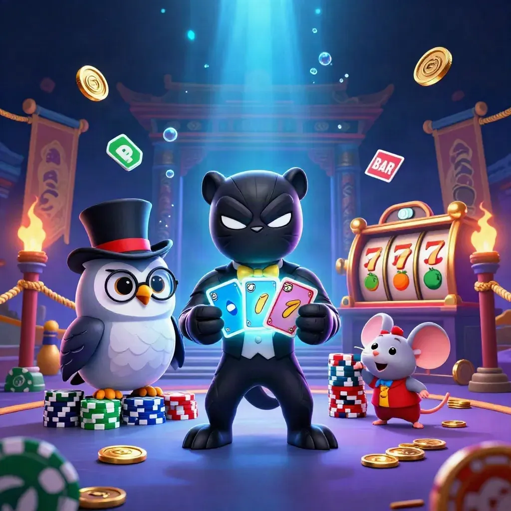Panther, owl, and mouse casino heroes amid reels, coins, and cyan-purple glow in a dark temple.