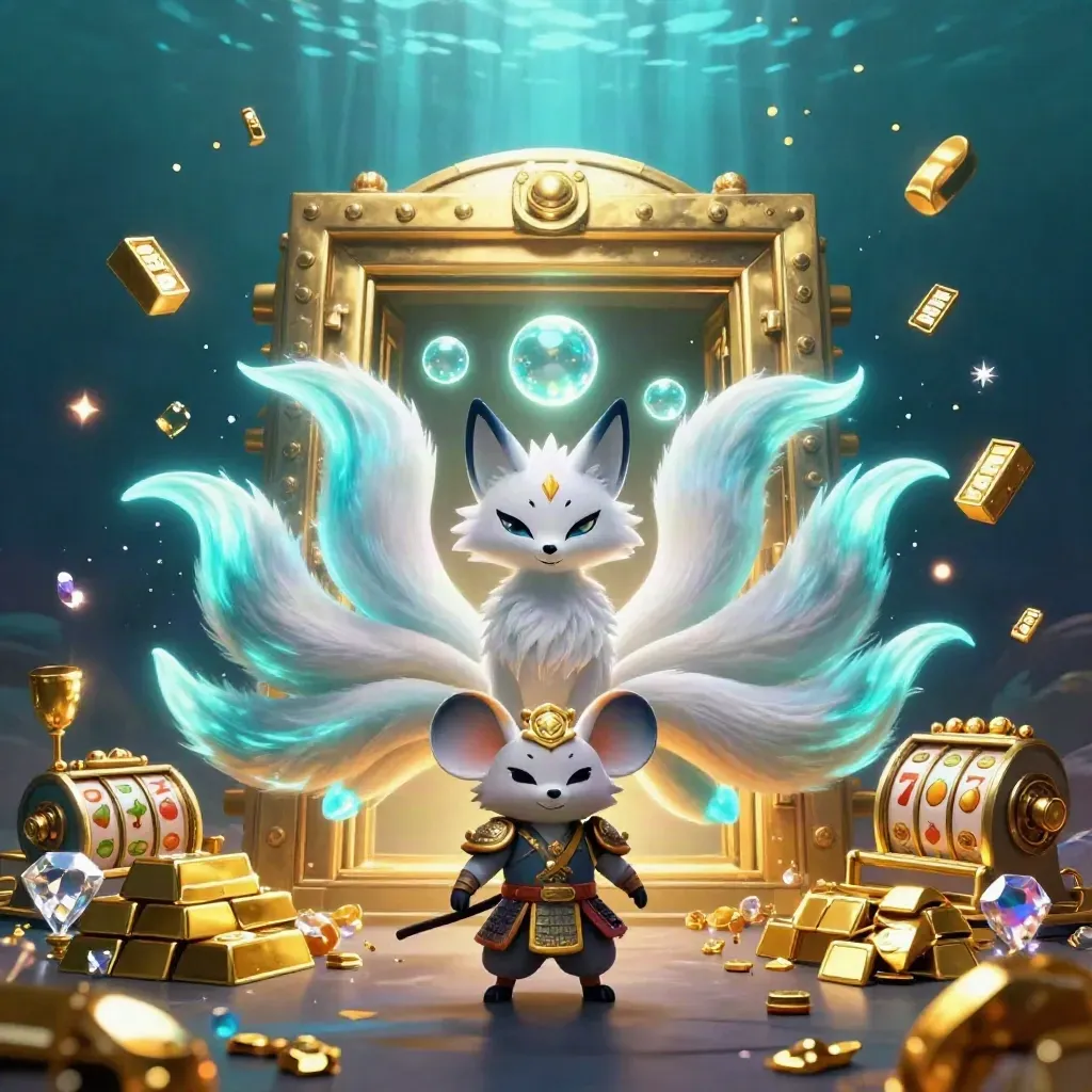 Nine-tailed fox spirit and armored mouse erupting from a glowing treasure vault underwater