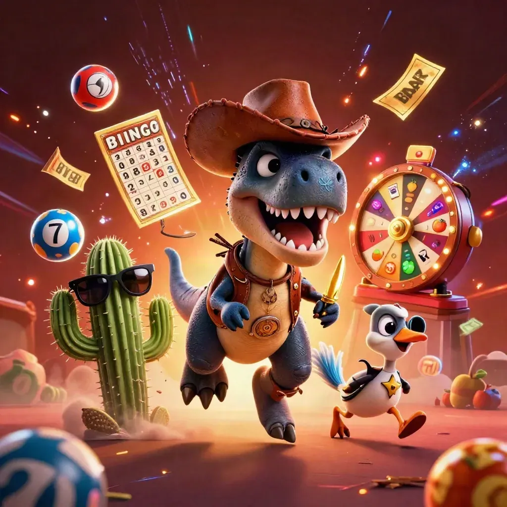 Cowboy T-Rex, cactus sidekick, and roadrunner blast through casino icons and glowing reels.