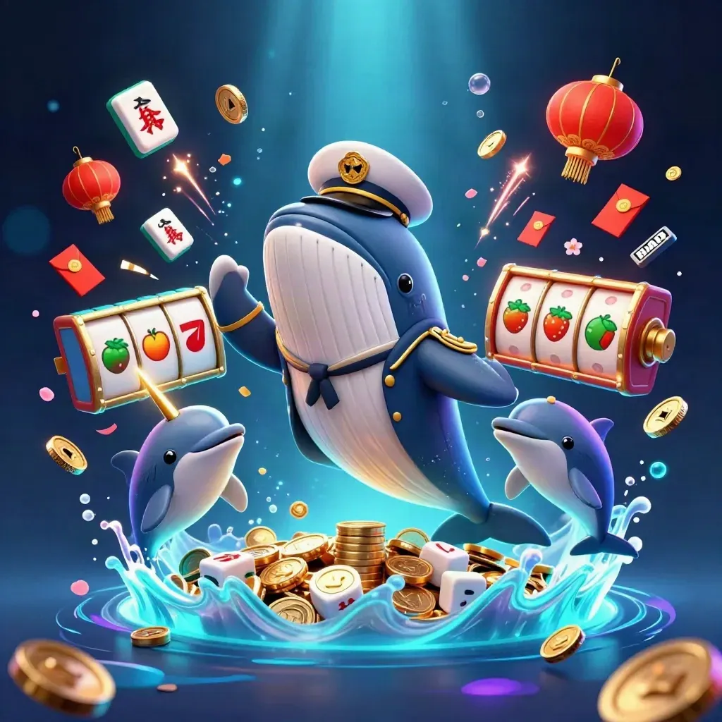 Whale captain, narwhal, and dolphins burst through coins with casino effects