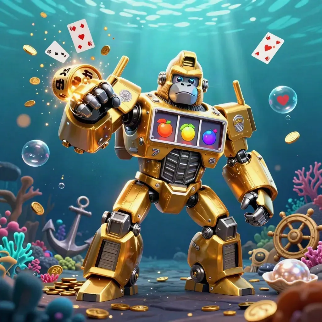 Golden gorilla slot-mech with tiny monkey pilot in an underwater treasure cove, glowing with casino effects.