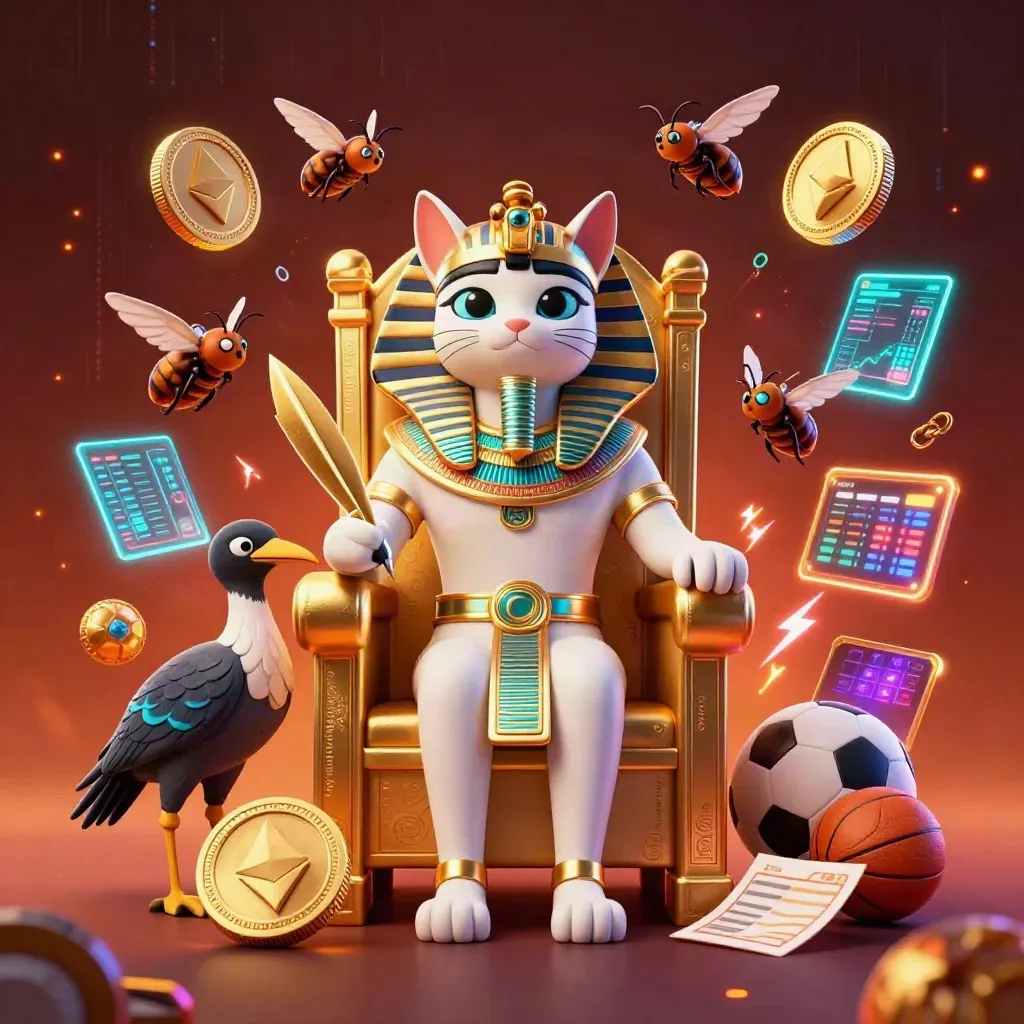 Pharaoh cat on a golden throne with ibis scribe, scarabs, neon coins, and casino energy.