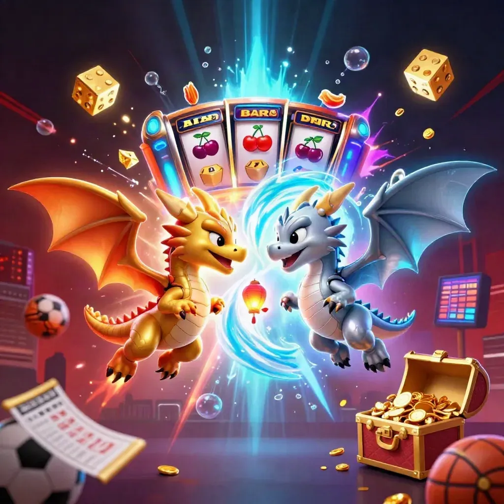 Twin dragons, slot machine burst, treasure, sports icons, neon casino fantasy