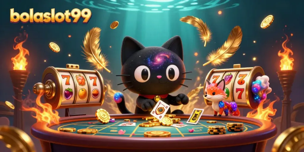 Experience the magical atmosphere of bolaslot99 with a cosmic casino illustration featuring enchanted characters and dynamic gaming elements.