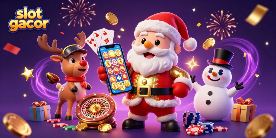 Engaging scene showcasing slot gacor with cartoon Santa, reindeer, and snowman amid vibrant casino elements.
