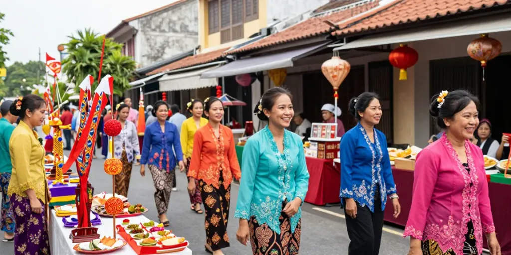 Nyonya 4D cultural festival scene with traditional attire and colorful decorations, showcasing community spirit
