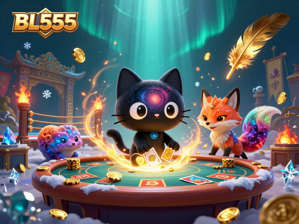 Experience thrilling gaming adventures at BL555, showcasing a cosmic casino scene with dynamic characters and elements.