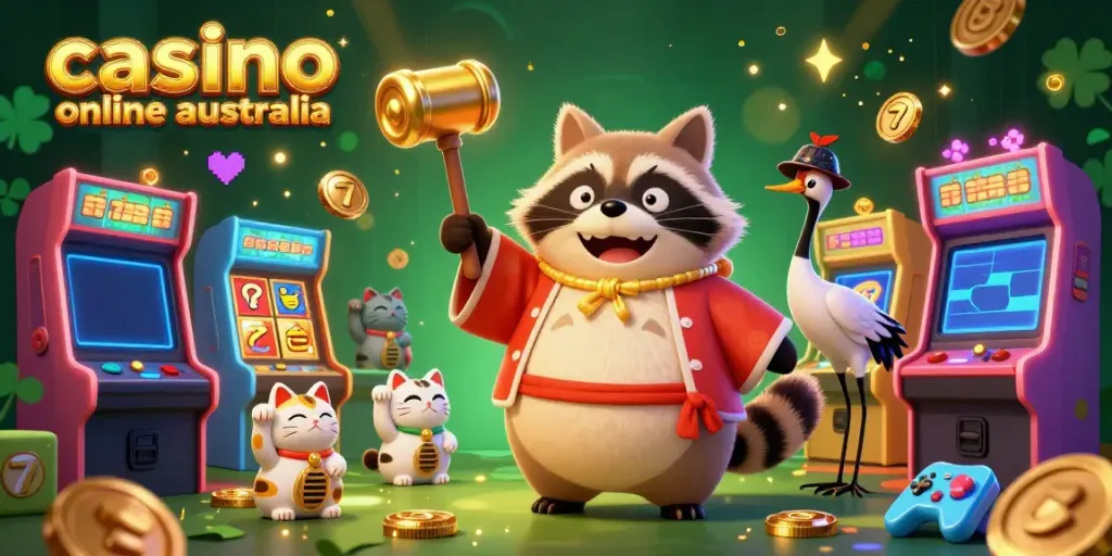 Engaging scene featuring casino online australia themes with a cheerful tanuki, crane, and fortune cats surrounded by vibrant gaming elements.
