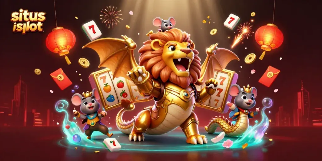 Gambarkan aksi di situs judi slot dengan chimera berarmor emas dan mouse berjoki, memancarkan aura keberuntungan dan semangat.