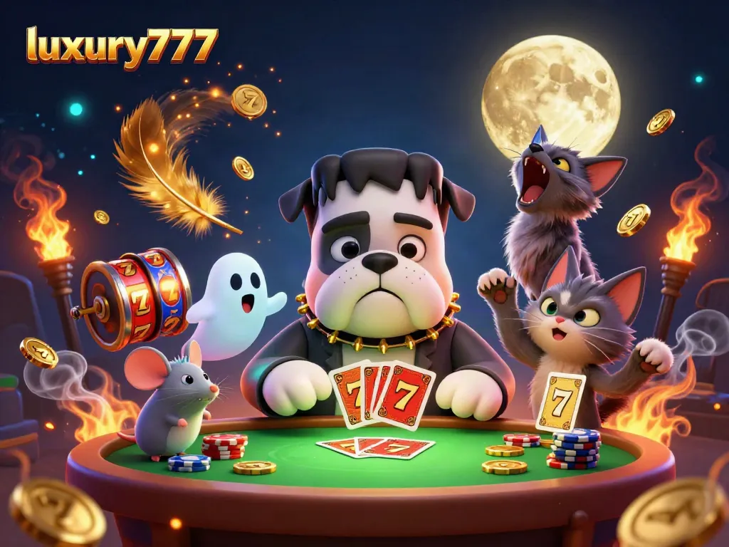Experience high-stakes action at luxury777 with a vibrant 3D casino scene featuring card dealing and spooky elements.