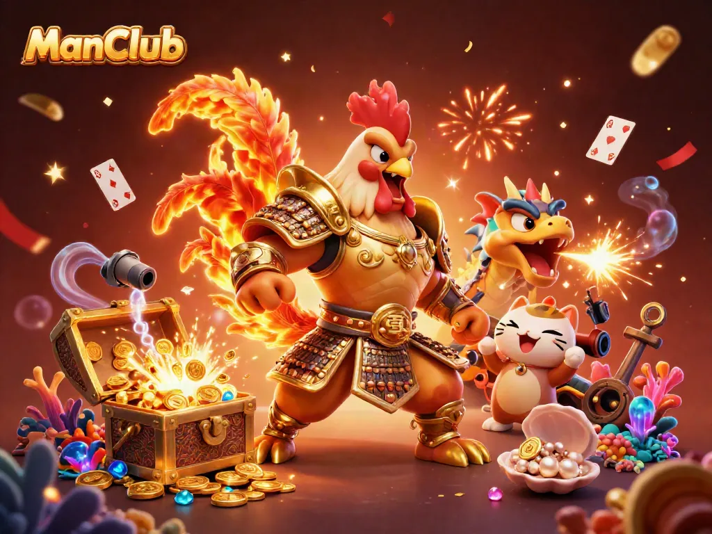 ManClub brings excitement with a fighting rooster, dragon hatchling, and fortune cat in a vibrant casino scene.