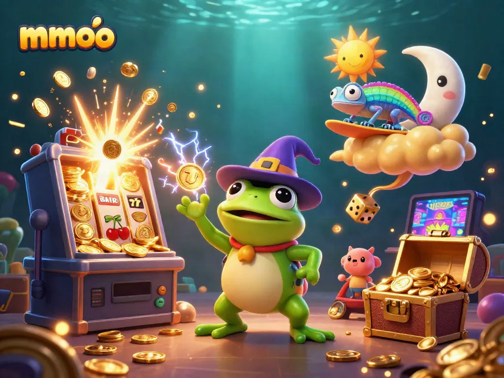 Experience the vibrant world of mmoo with a wizard frog and chameleon amidst golden coins.