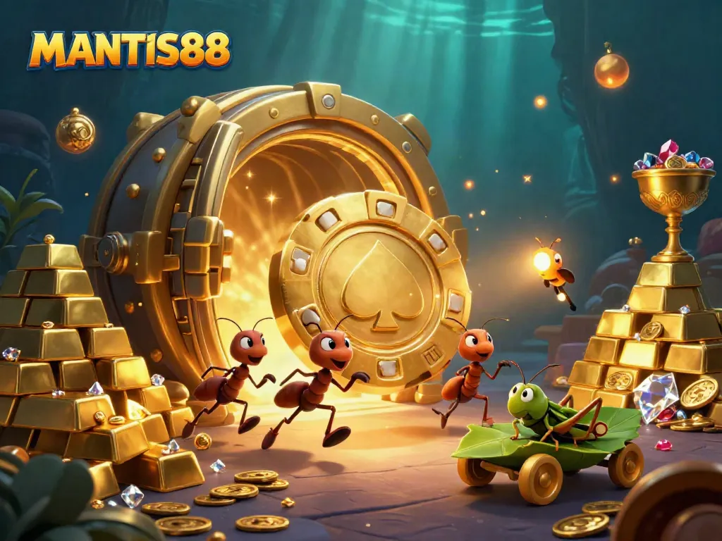MANTIS88 showcases a lively scene of ants in a heist with a golden poker chip and jewels, perfect for online casino gamers.