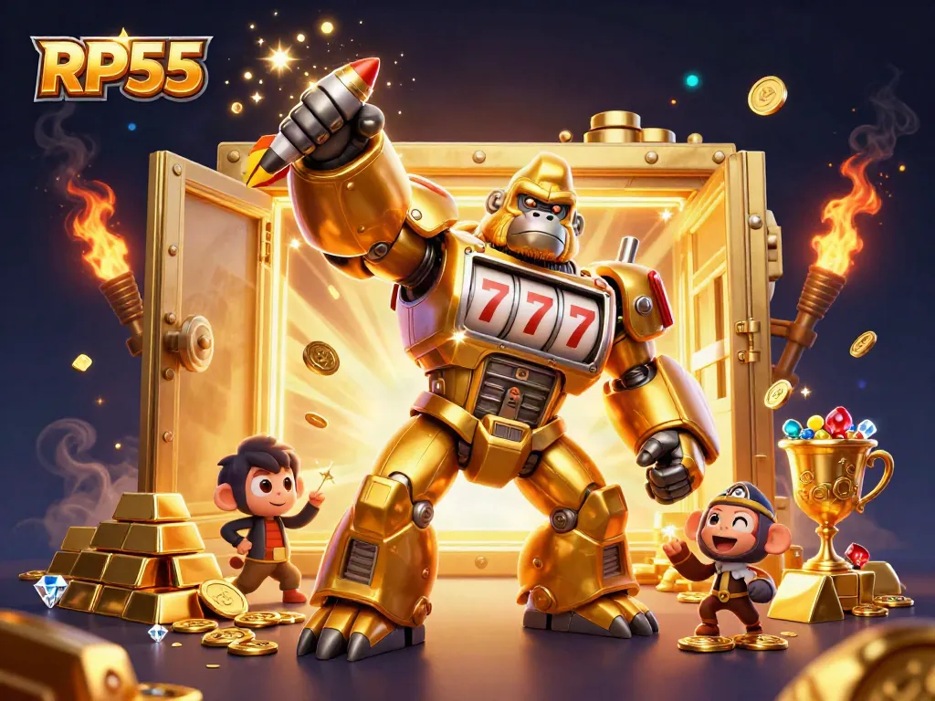 Experience slot gaming with RP55's vivid 3D illustration of a golden mech and casino treasures.