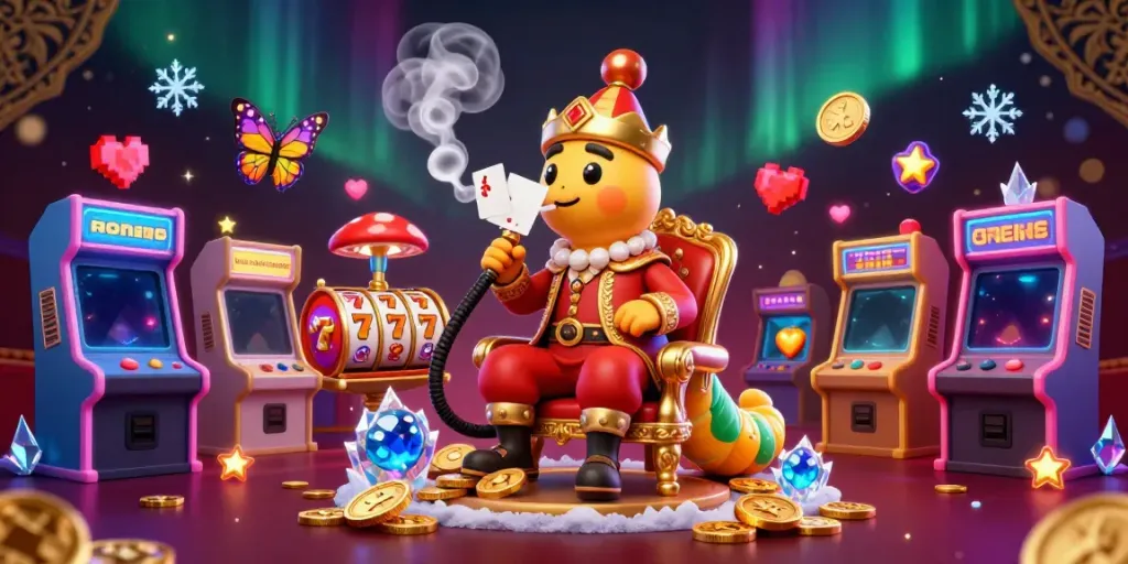 Experience the best online casinos with a vibrant 3D illustration of a hookah-master and casino elements.