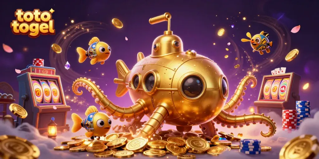 Toto togel themed 3D illustration showcasing a golden kraken submarine amidst vibrant game elements.