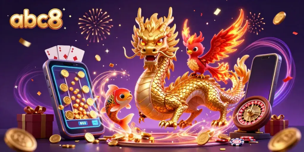 Experience exciting gameplay with abc8's vibrant illustration featuring slots and mythical creatures.