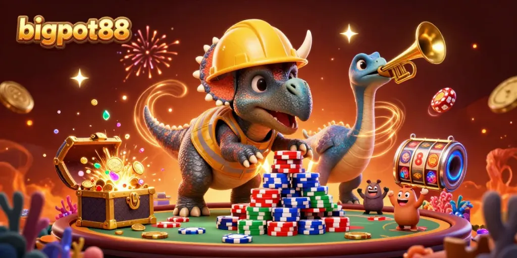Menggali strategi permainan bigpot88 dengan ilustrasi dinamis, dikelilingi elemen kasino.