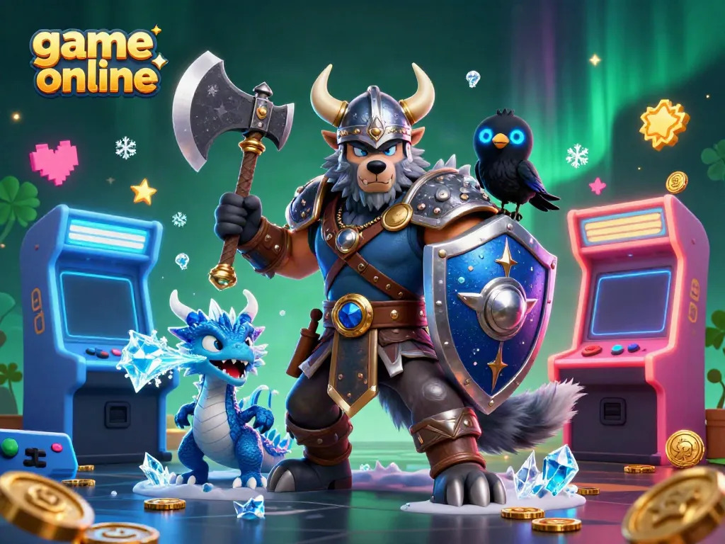 Play game online with adventure-themed characters like a Viking warrior and dragon in a vibrant casino setting.