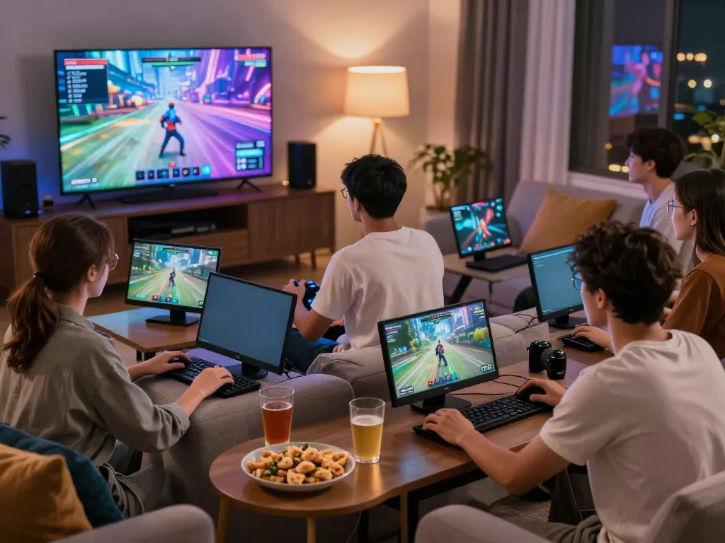 Group enjoying akunjp gaming session with snacks and vibrant visuals.