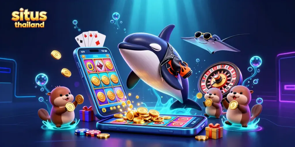 Engage with situs thailand, featuring sea creatures celebrating slot wins with golden coins in an exciting underwater scene.