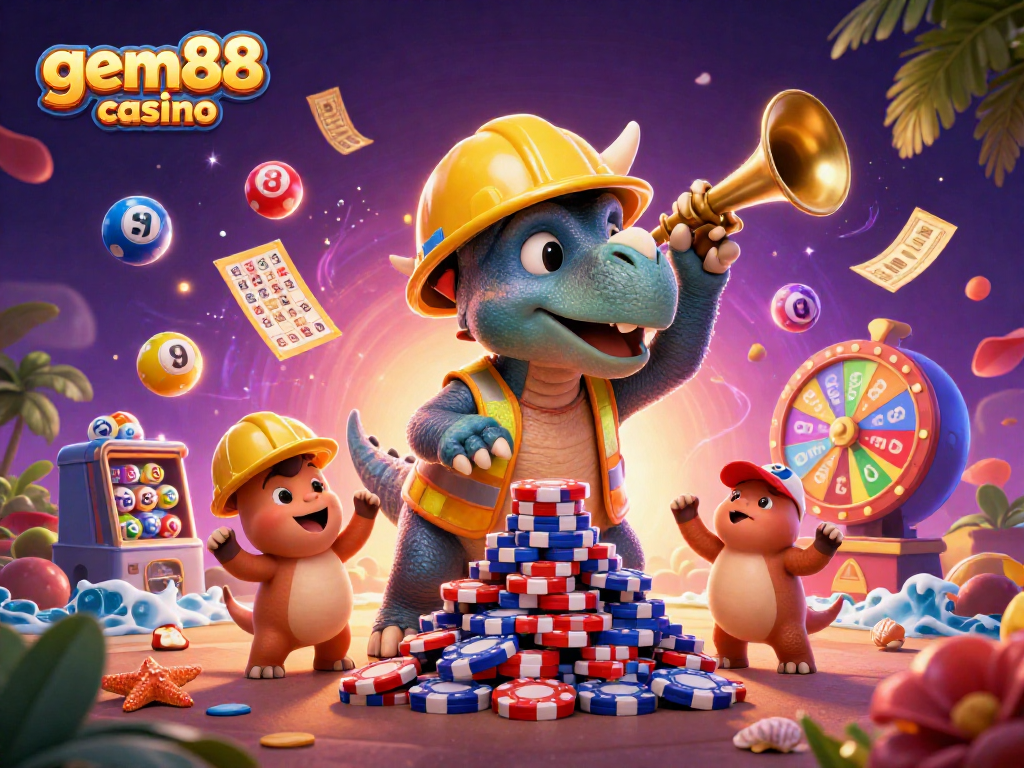 Experience vibrant gaming fun with gem88 casino's lively 3D cartoon characters celebrating.