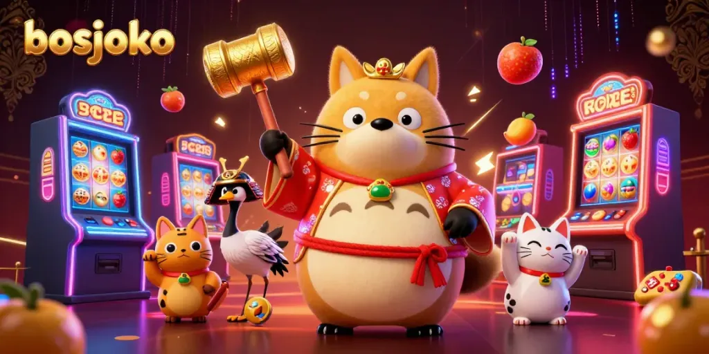 BID on bosjoko's vibrant 3D illustration of a lucky tanuki and playful maneki-neko, showcasing a lively casino atmosphere.