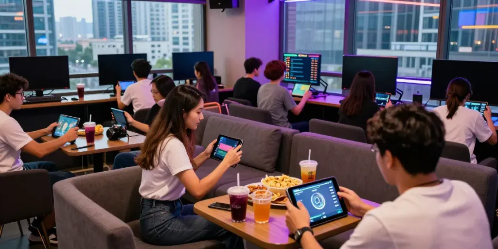 Adults enjoying Yono Games in a vibrant gaming lounge with bright lights and screens.