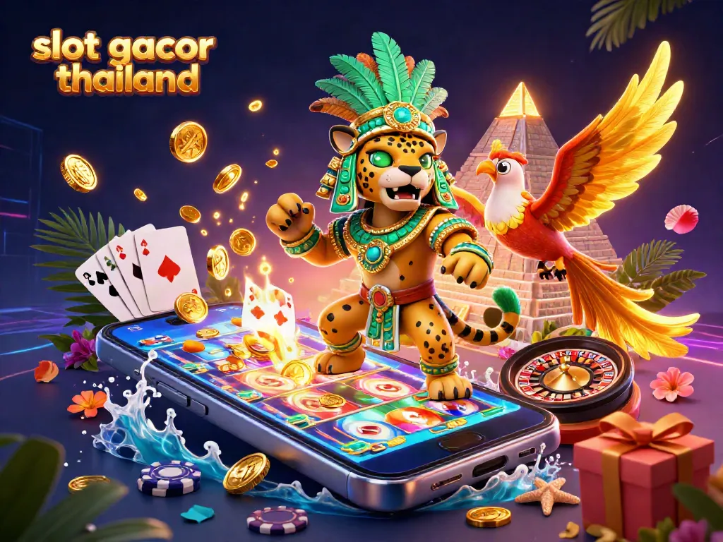 Engage with slot gacor thailand amidst vibrant gaming symbols and a mystical Mayan scene.