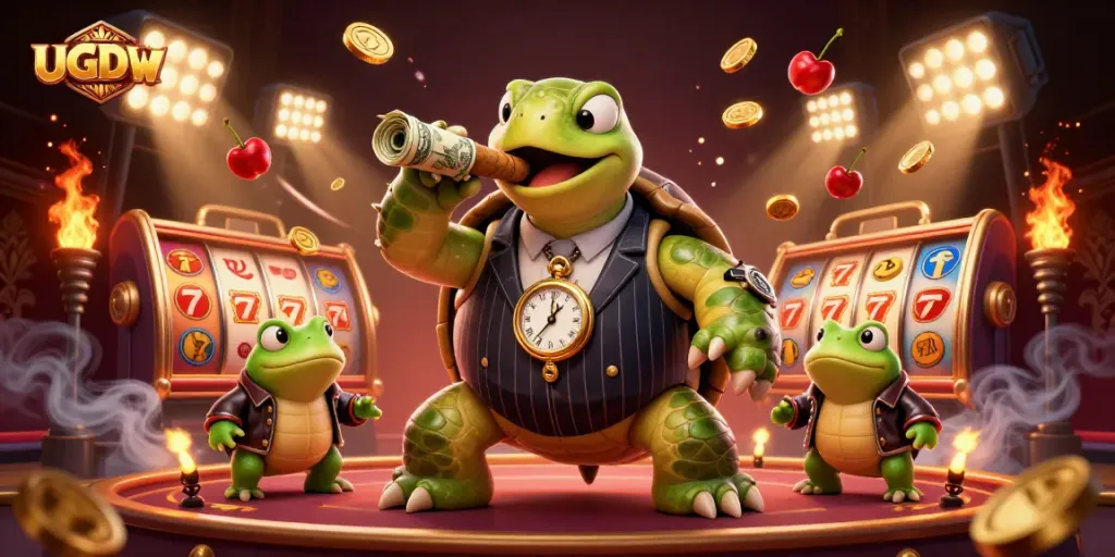 Experience thrilling slots with UGDEWA, featuring a vibrant 3D turtle in a stylish suit amidst dynamic casino action.
