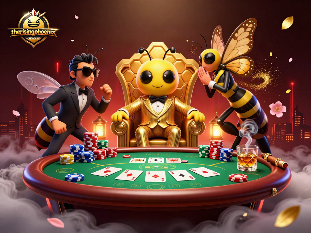 Experience the excitement of therisingphoenixreview with a vibrant casino scene featuring a bumblebee mob boss and poker action.