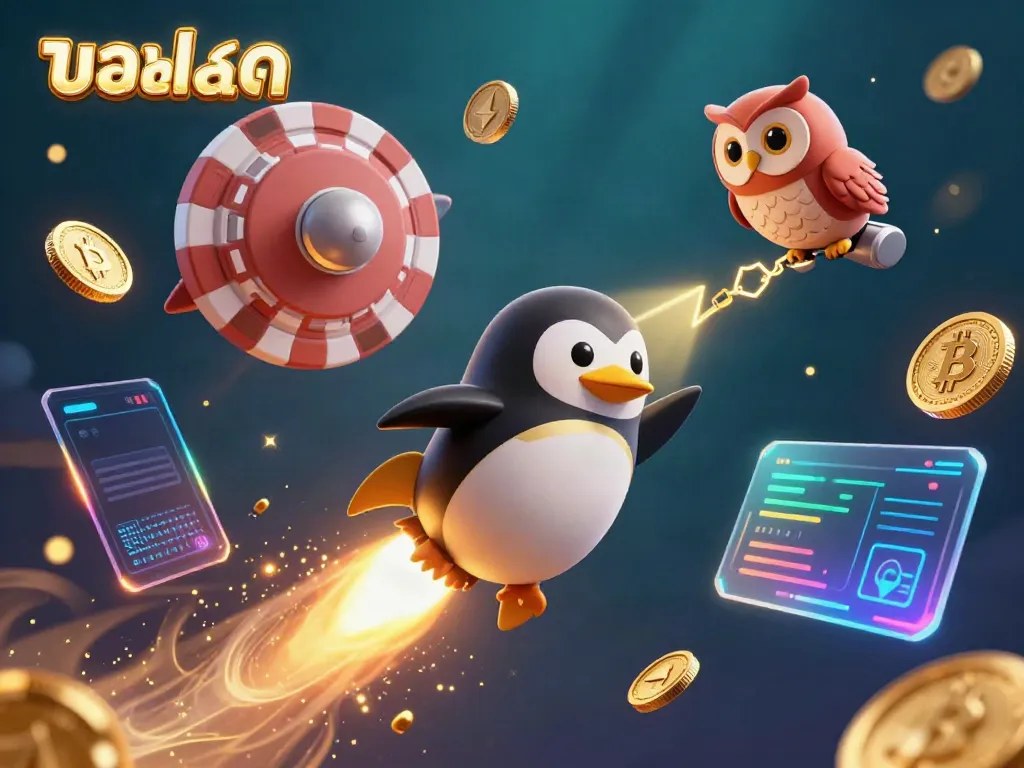 Experience the vibrant excitement of บอลสด with a golden penguin soaring towards a casino space station amidst glowing coins and crypto elements.