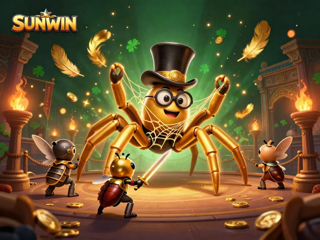 Engage with SUNWIN's thrilling casino adventures, showcasing a tarantula weaving gold threads amidst vibrant gaming elements.