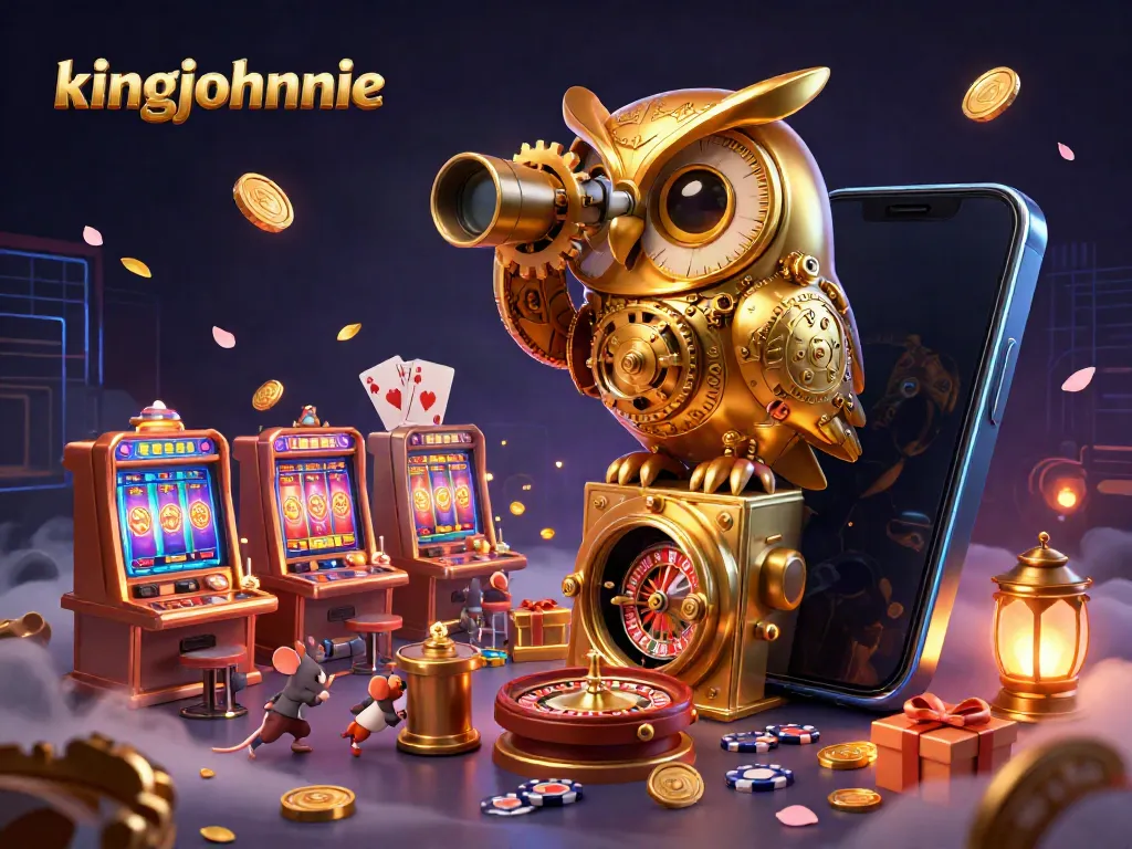 Experience thrilling action at kingjohnnie casino with an enchanting owl observing vibrant slot games and lively patrons.